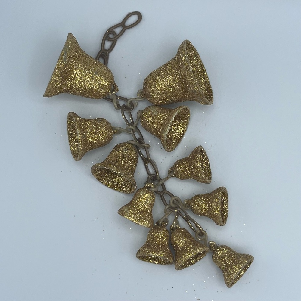Vintage Christmas Plastic Chain With Gold Glitter Bells Ornament Deco 11”